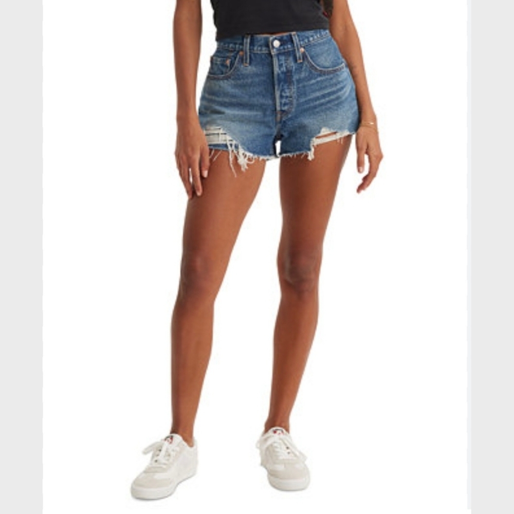 Levi's Premium 501 Button Fly‎ High Rise Distressed Denim Shorts